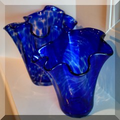 G17. Hand blown blue glass fluted vases. 7”h and 8